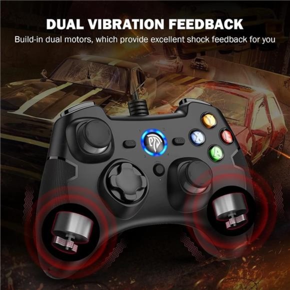 Wired Gaming Controller with Dual-Vibration Turbo and Trigger Buttons (Black) - Picture 4 of 6